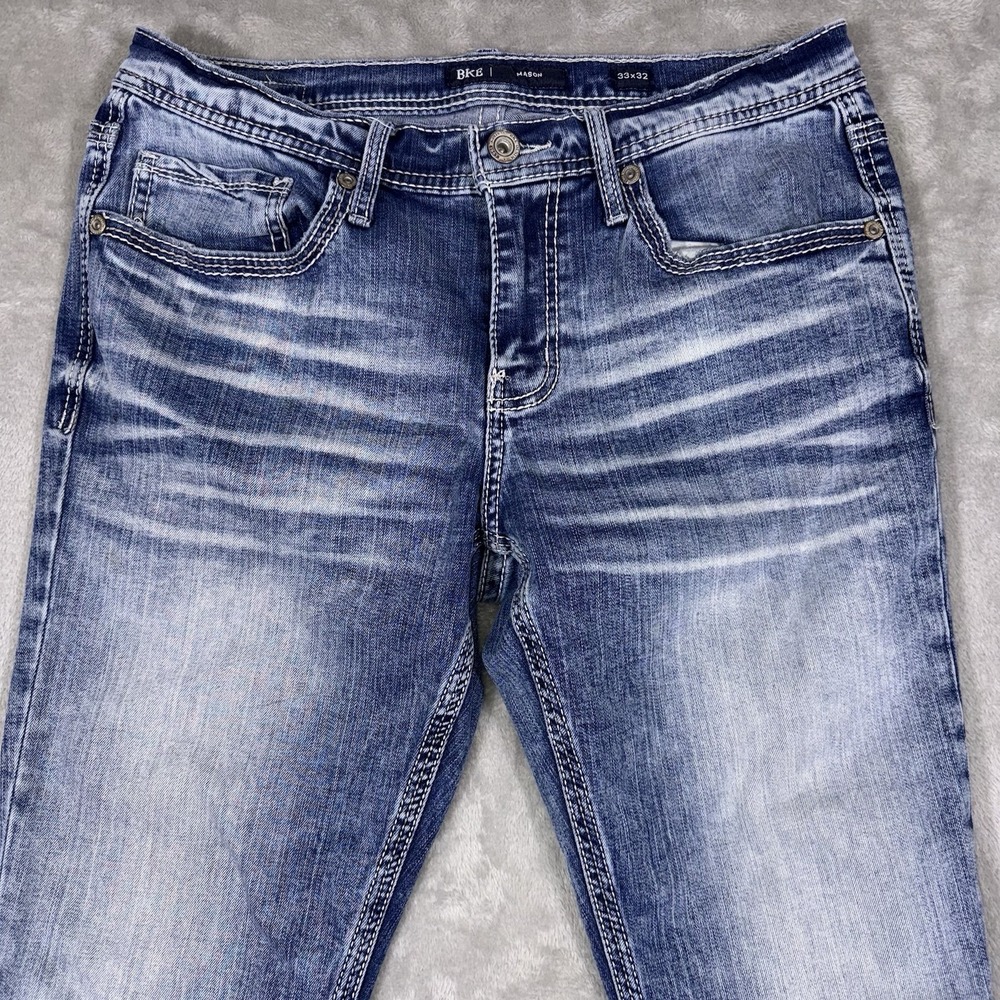 BKE Mason Straight Tapered Stretch Jeans Mens 33x32 (Fits 33x31) Blue Whiskered - Picture 2 of 11